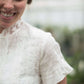 modest women's ivory lace trim button up top with ruffle sleeves and neck