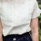 modest women's ivory lace trim button up top with ruffle sleeves and neck