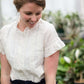 modest women's ivory lace trim button up top with ruffle sleeves and neck