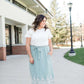 modest women's ivory lace trim button up top with ruffle sleeves and neck