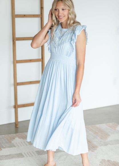 Lace Trim Smocked Waist Midi Dress Dresses Blue / S