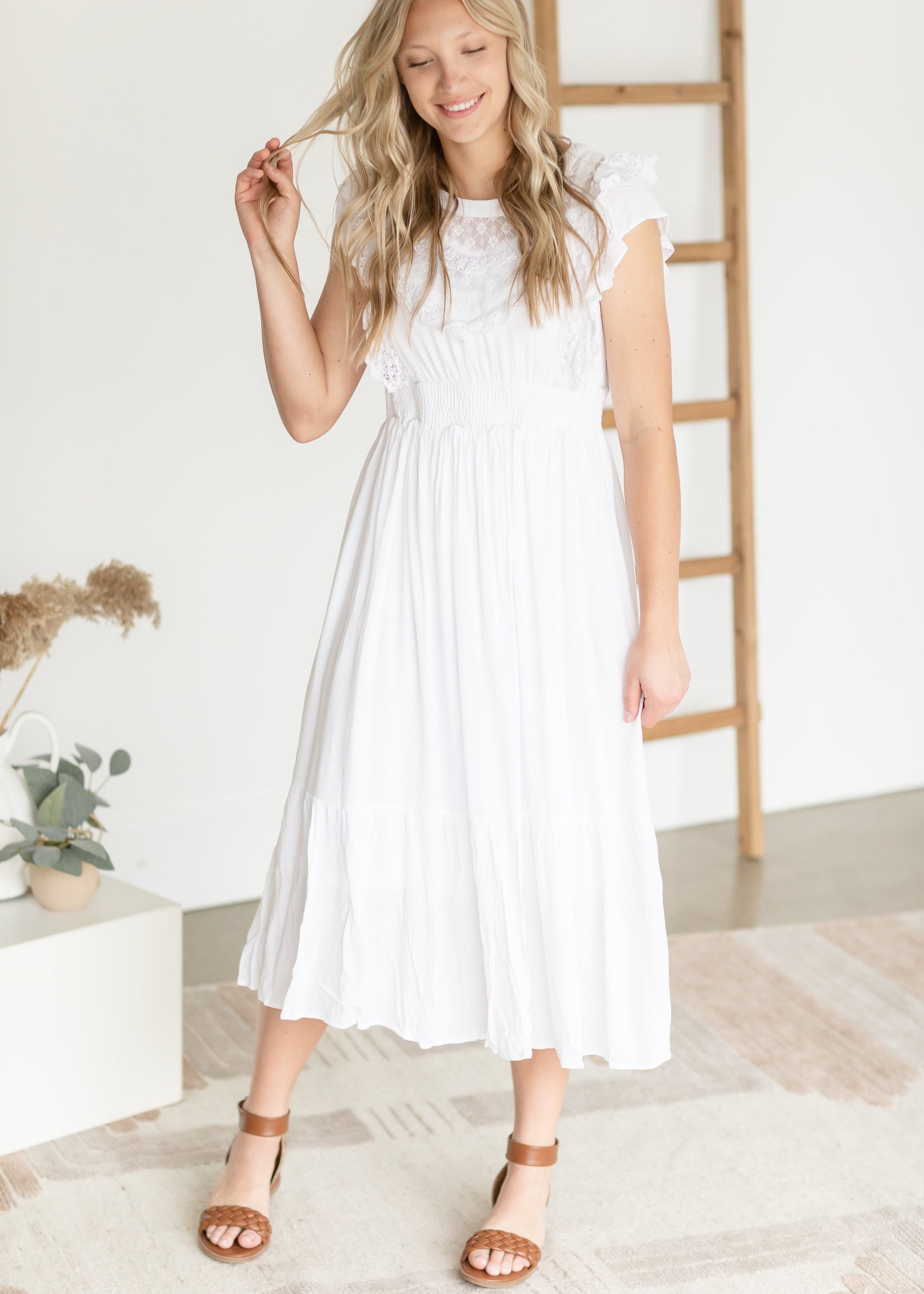 Lace Trim Smocked Waist Midi Dress Dresses White / S