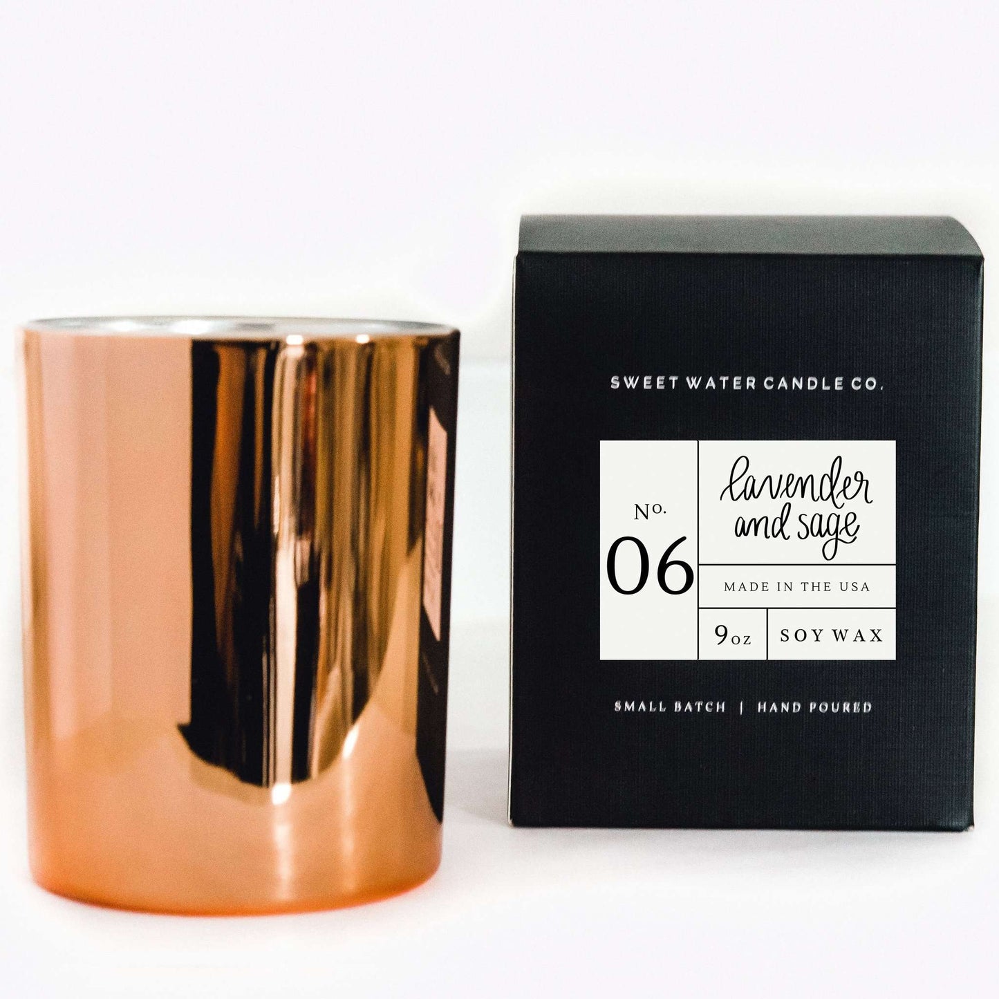 Lavender and sage soy candle in rose gold tin