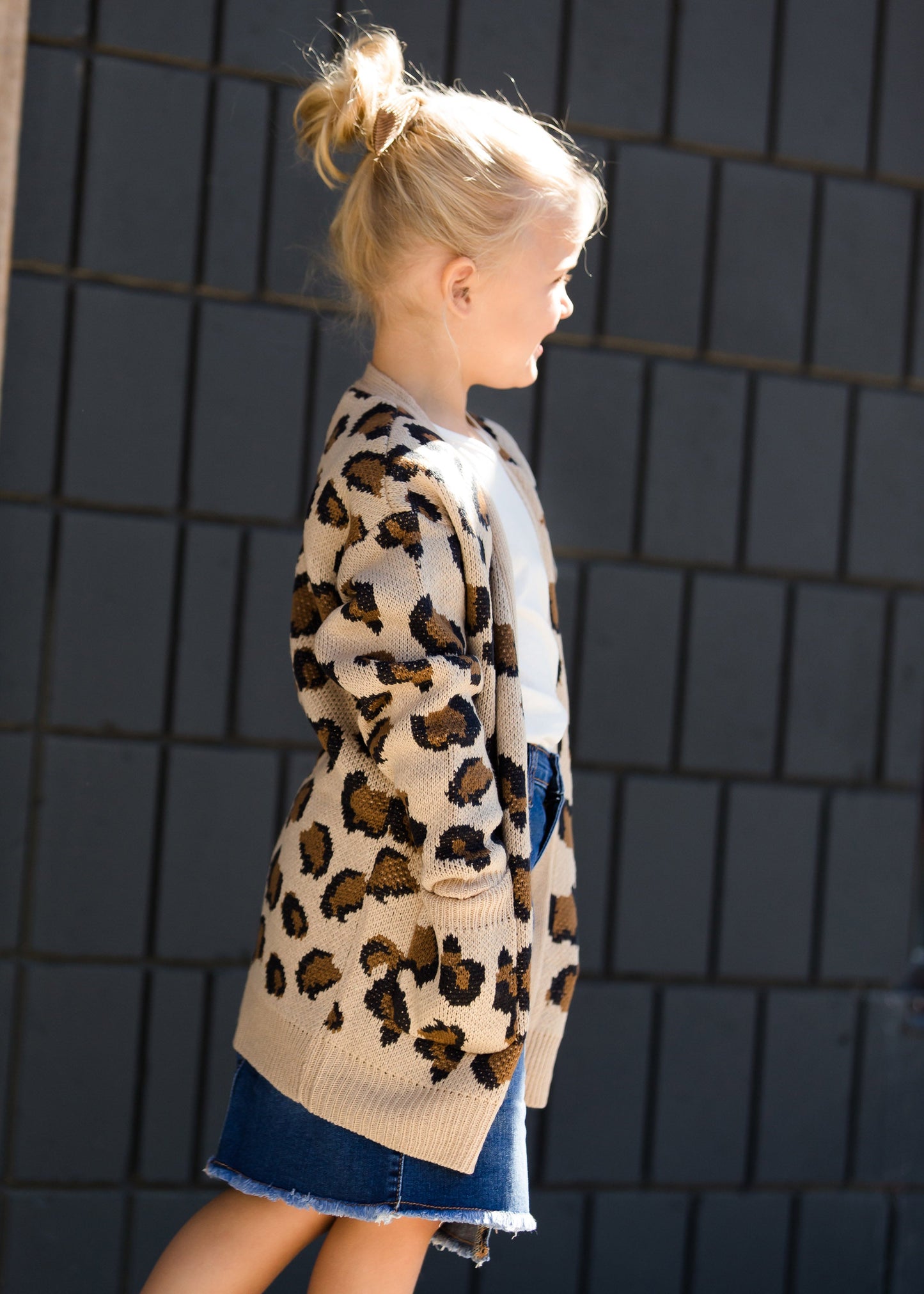 Girls tan and black leopard print open front cardigan