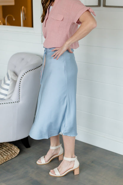 Light Blue Belted Satin Midi Skirt - FINAL SALE Skirts
