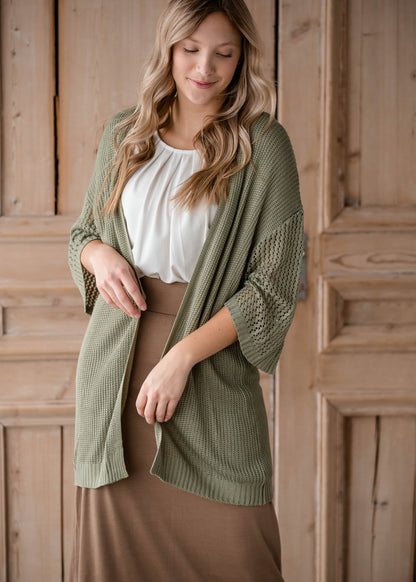 Light Knit Cardigan With Open Knit Bell Sleeves Shirt Cozy Co Green / S/M
