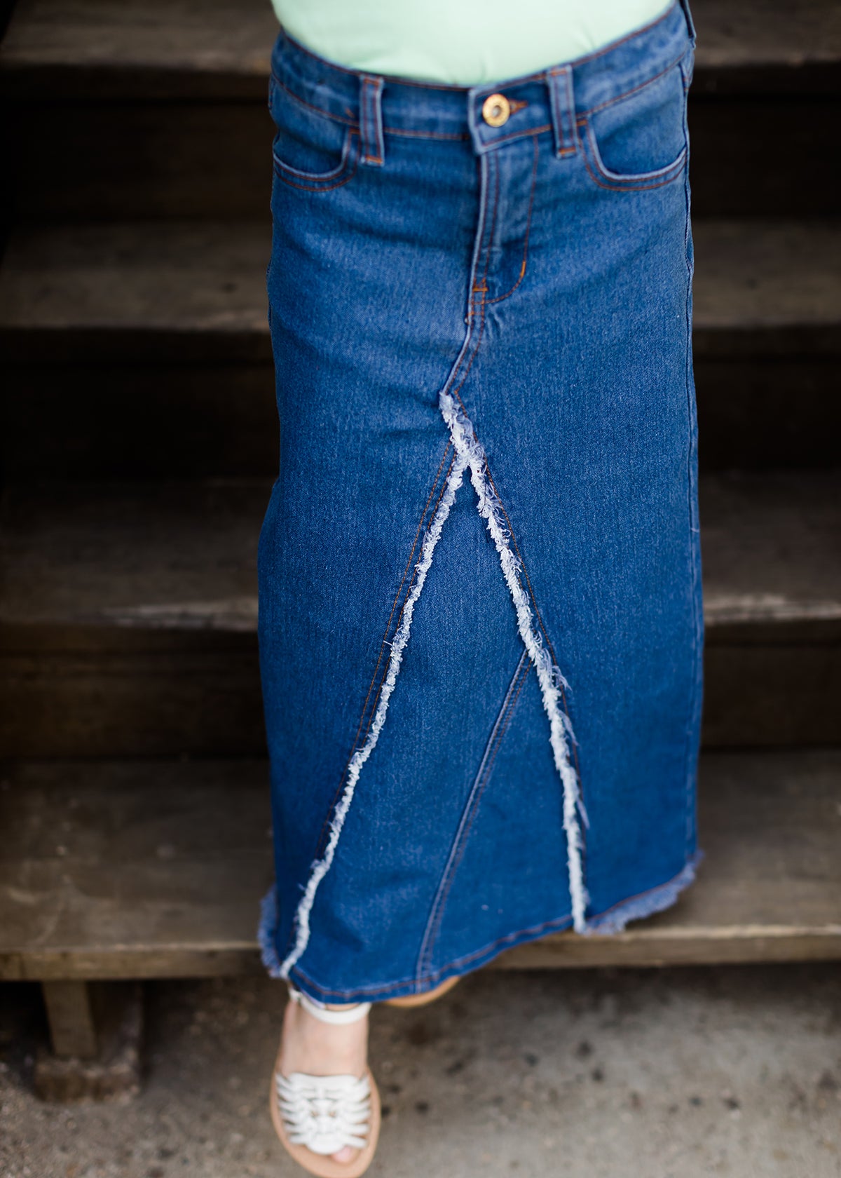 girls light denim fringe front long jean skirt