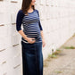 Women's modest black and navy striped raglan maternity shirt