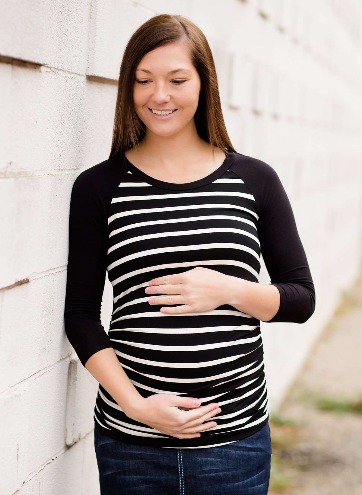 Women's modest black and navy striped raglan maternity shirt