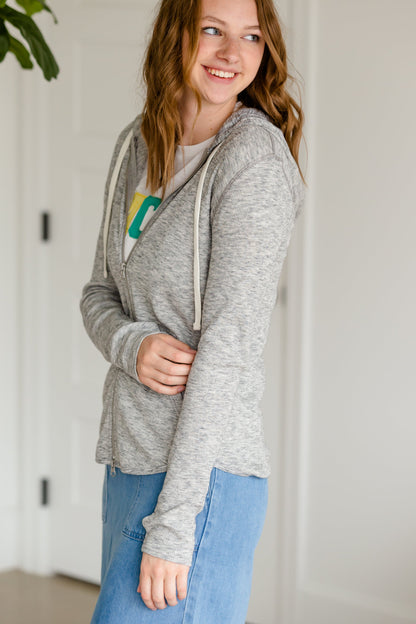 Light Waffle Knit Gray Hooded Zip Up Layering Essentials