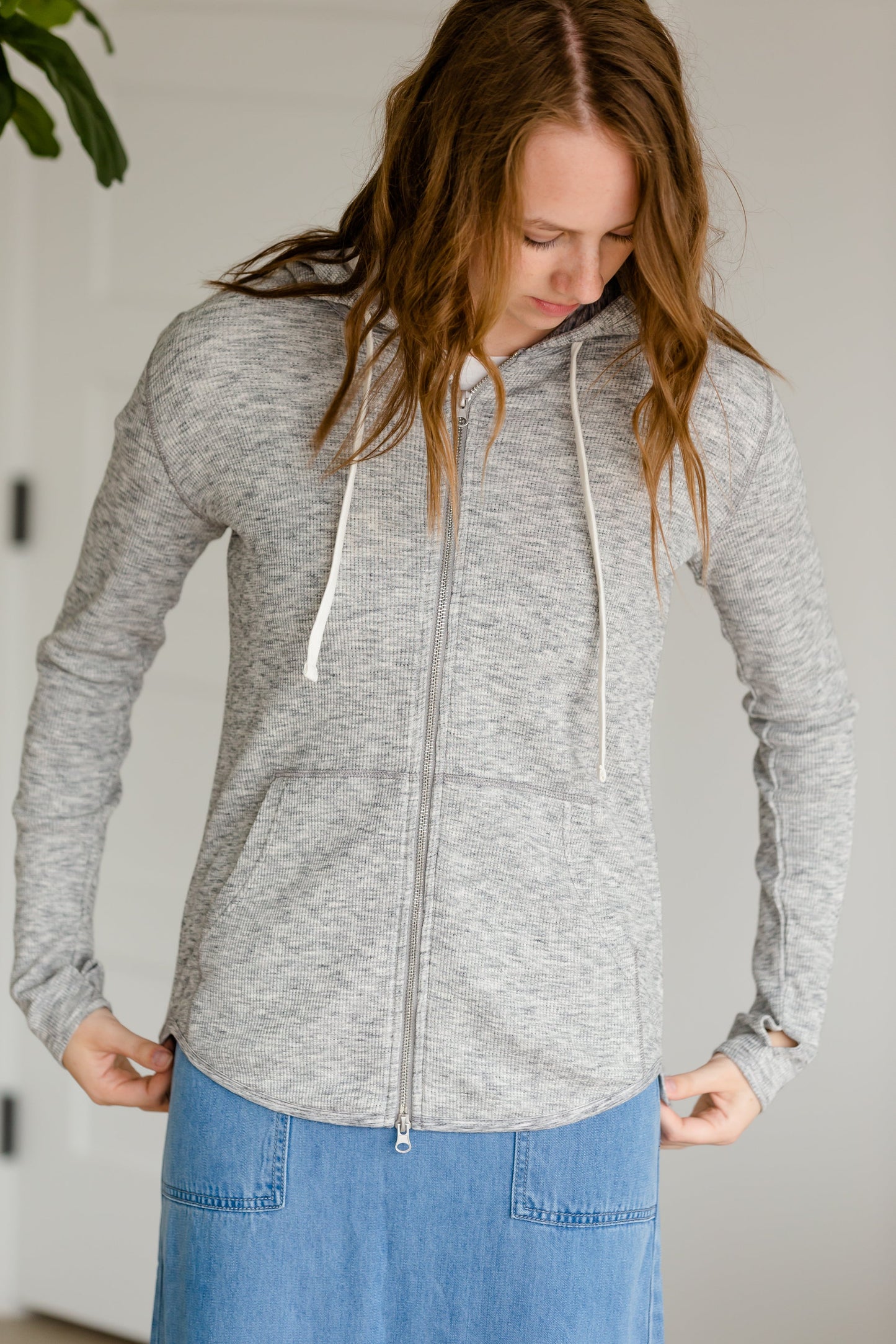 Light Waffle Knit Gray Hooded Zip Up Layering Essentials