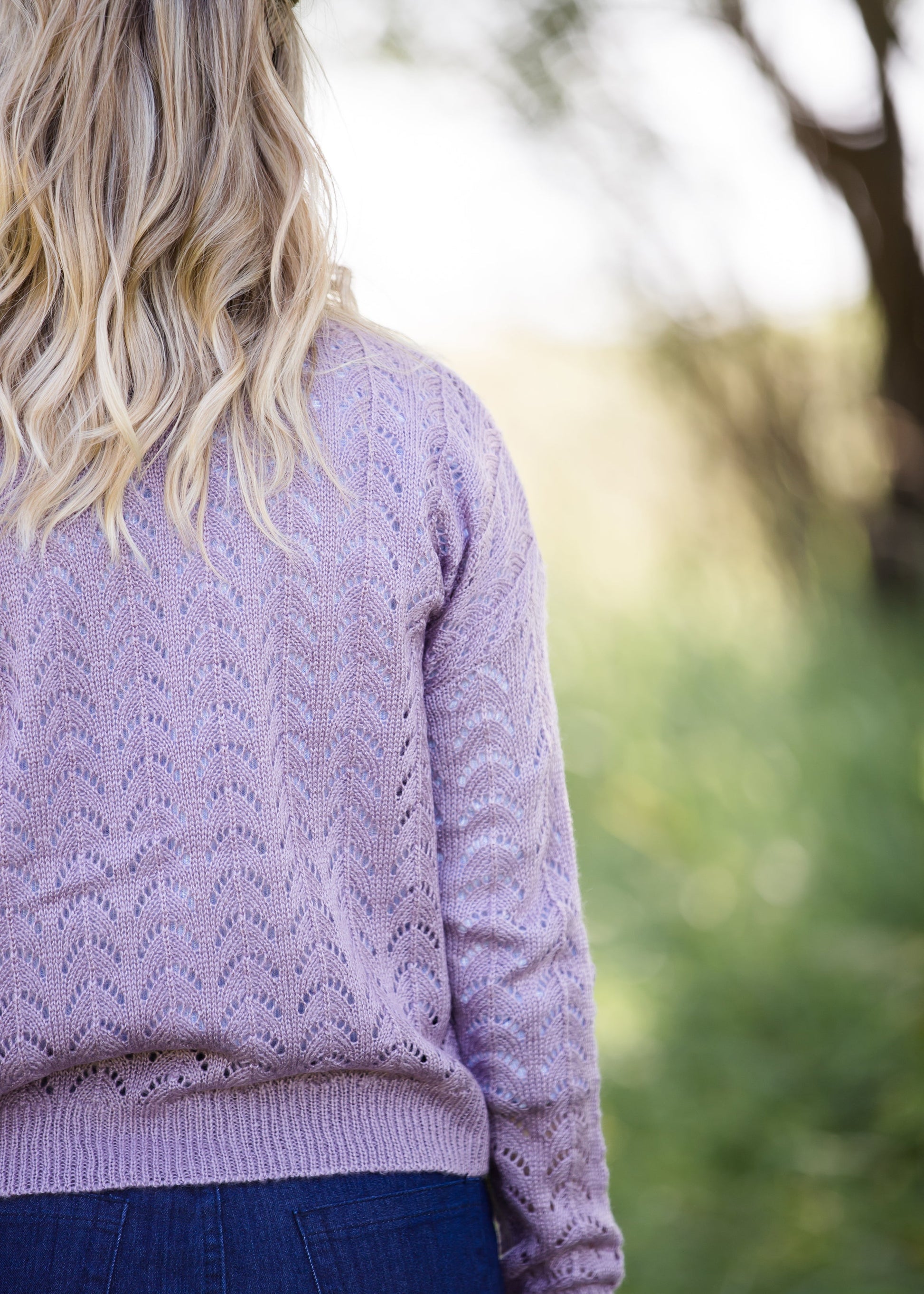lavender crochet knit long sleeve sweater