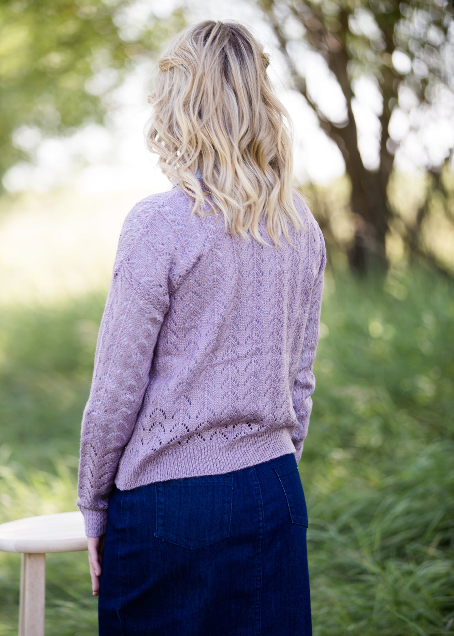 lavender crochet knit long sleeve sweater