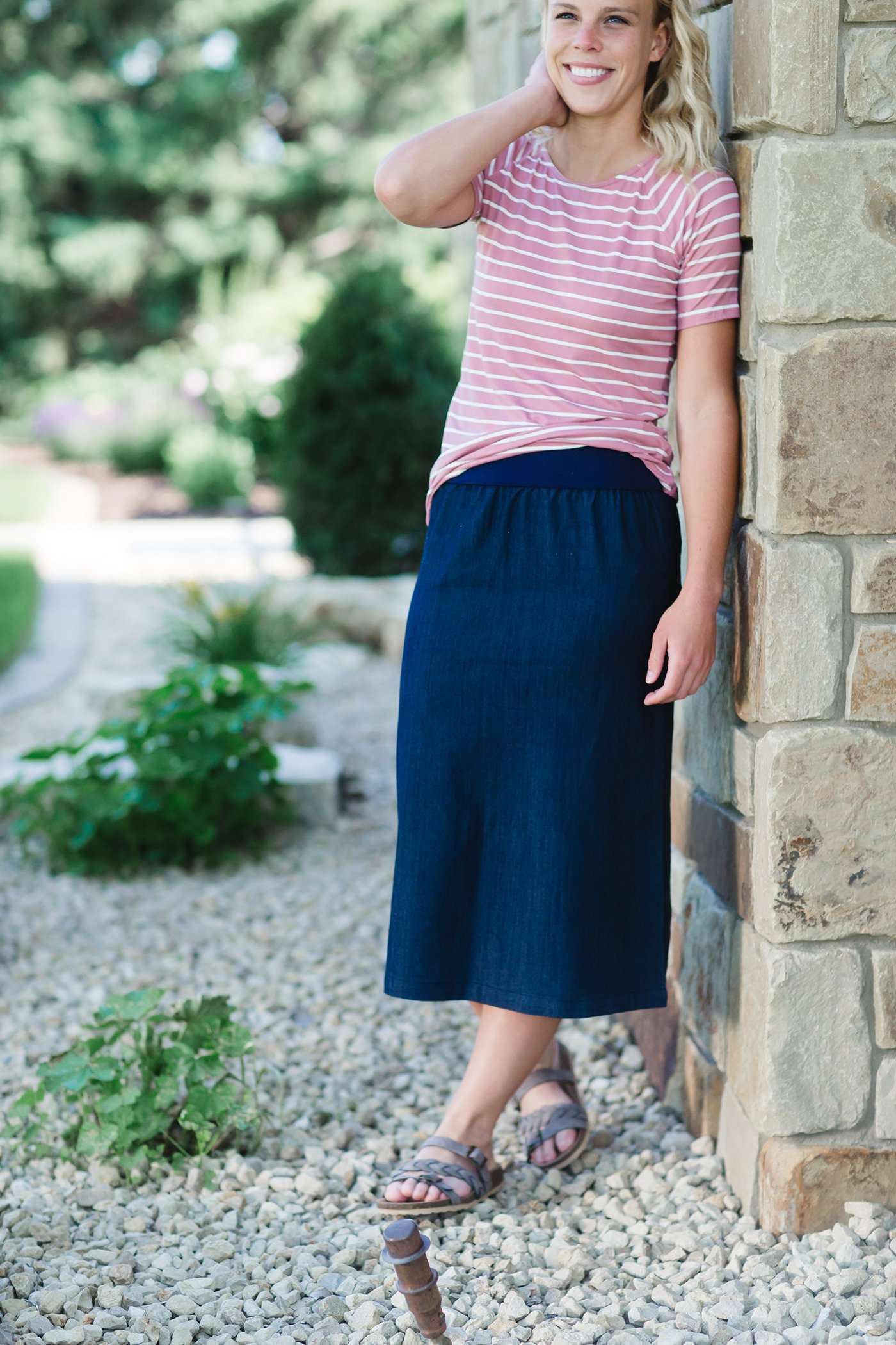 Women's modest light denim comfort band skirt