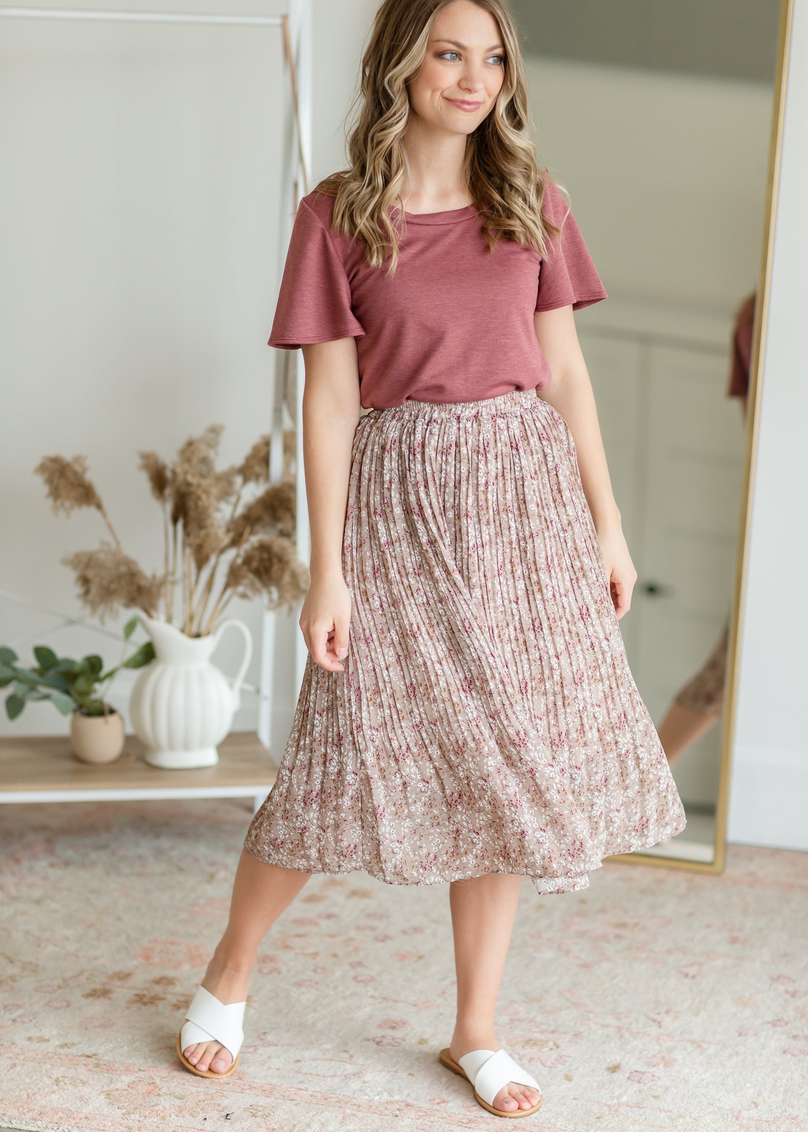 Lily Taupe Pleated Midi Skirt Skirts Mikarose