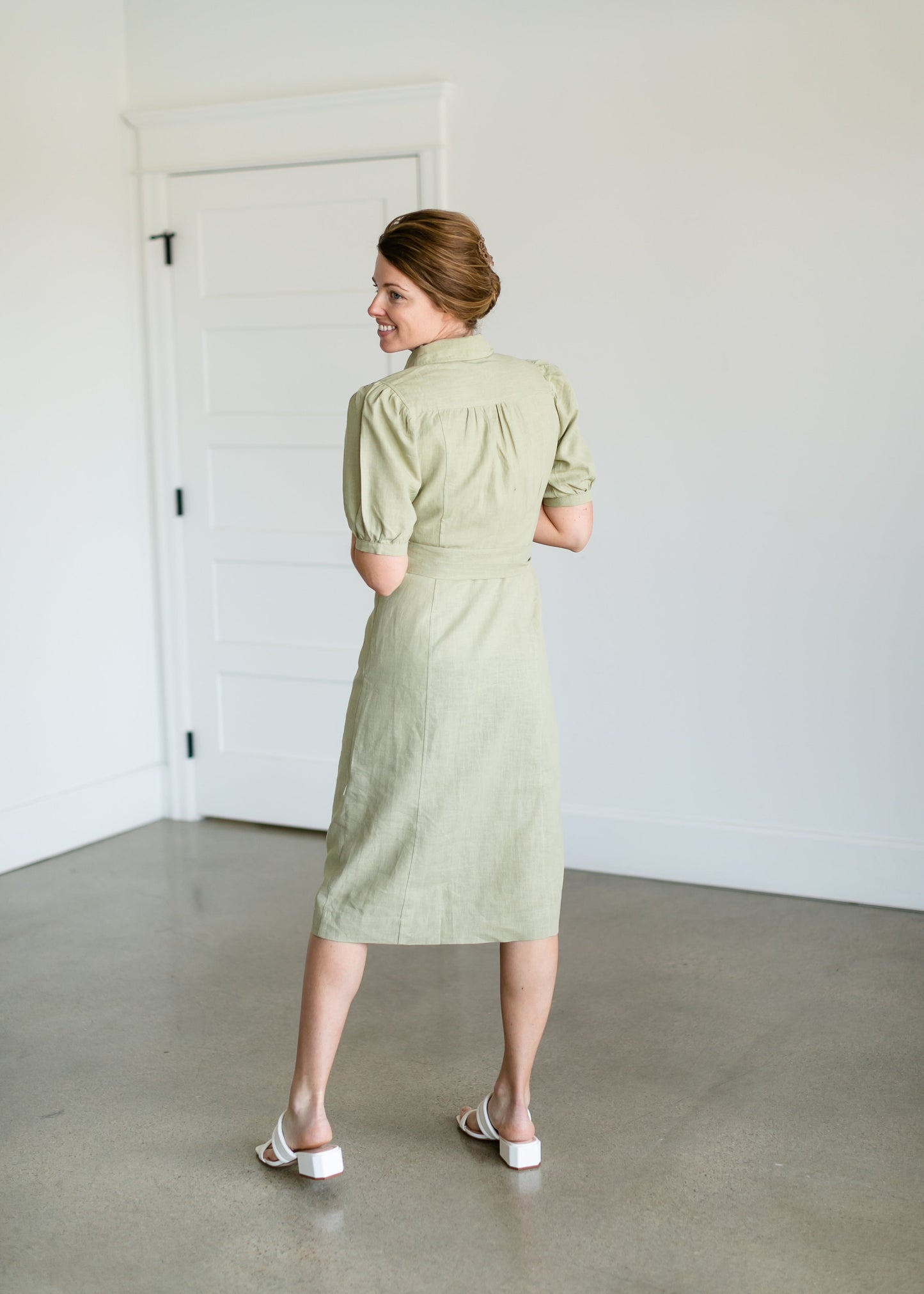 Linen Puff Sleeve Belted Midi Dress Dresses