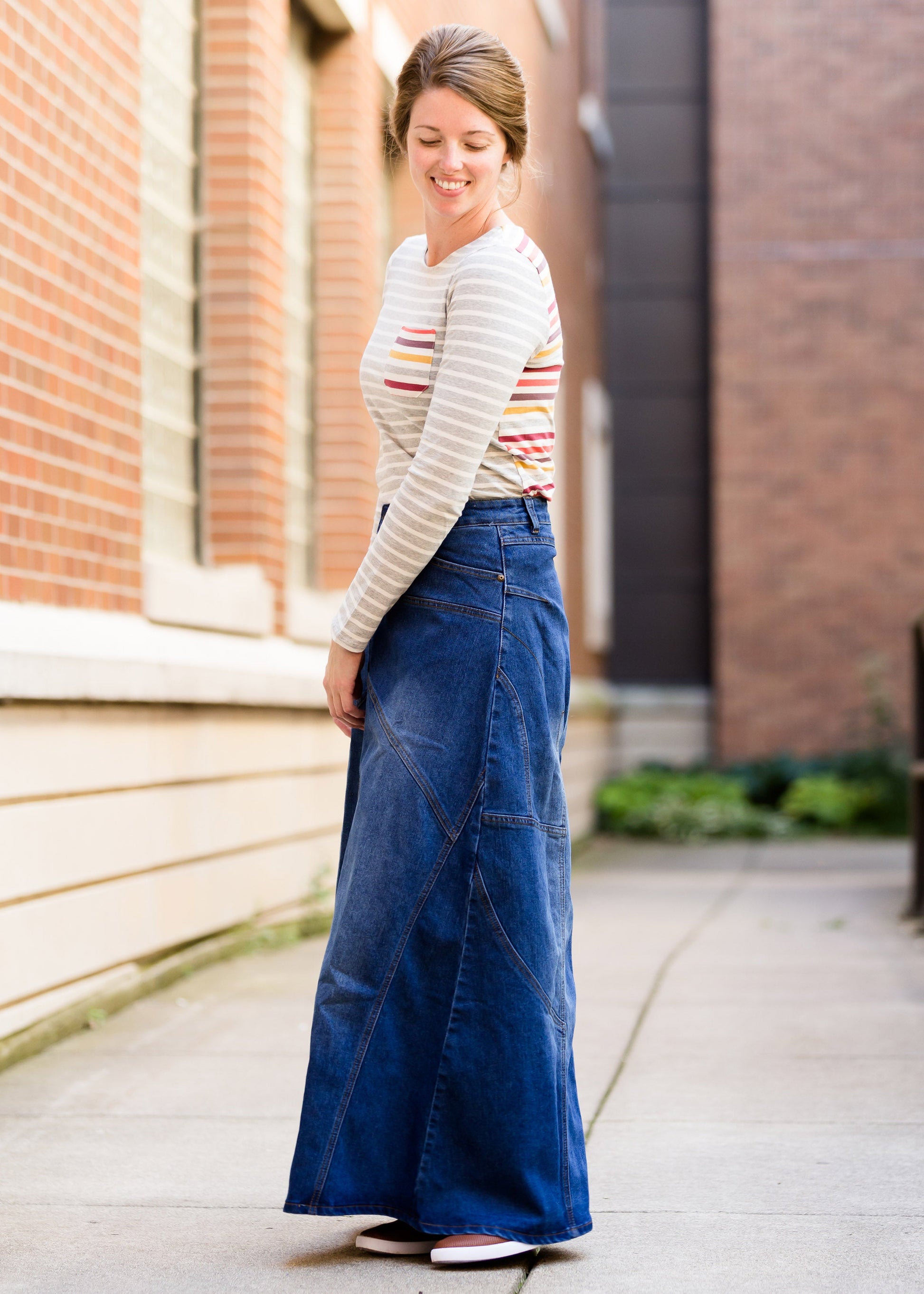 made in the usa long a-line denim skirt