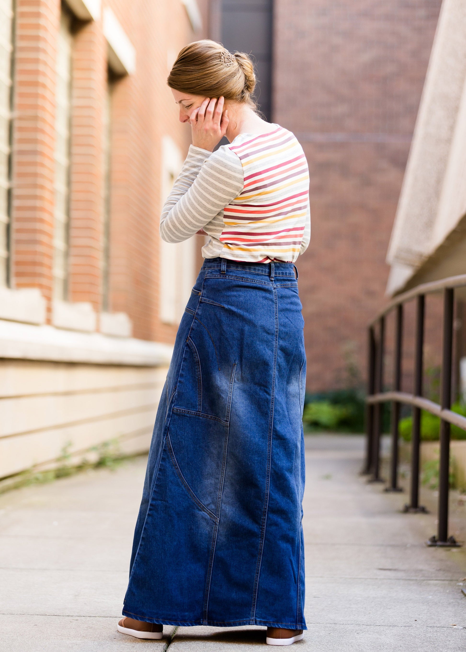 made in the usa long a-line denim skirt