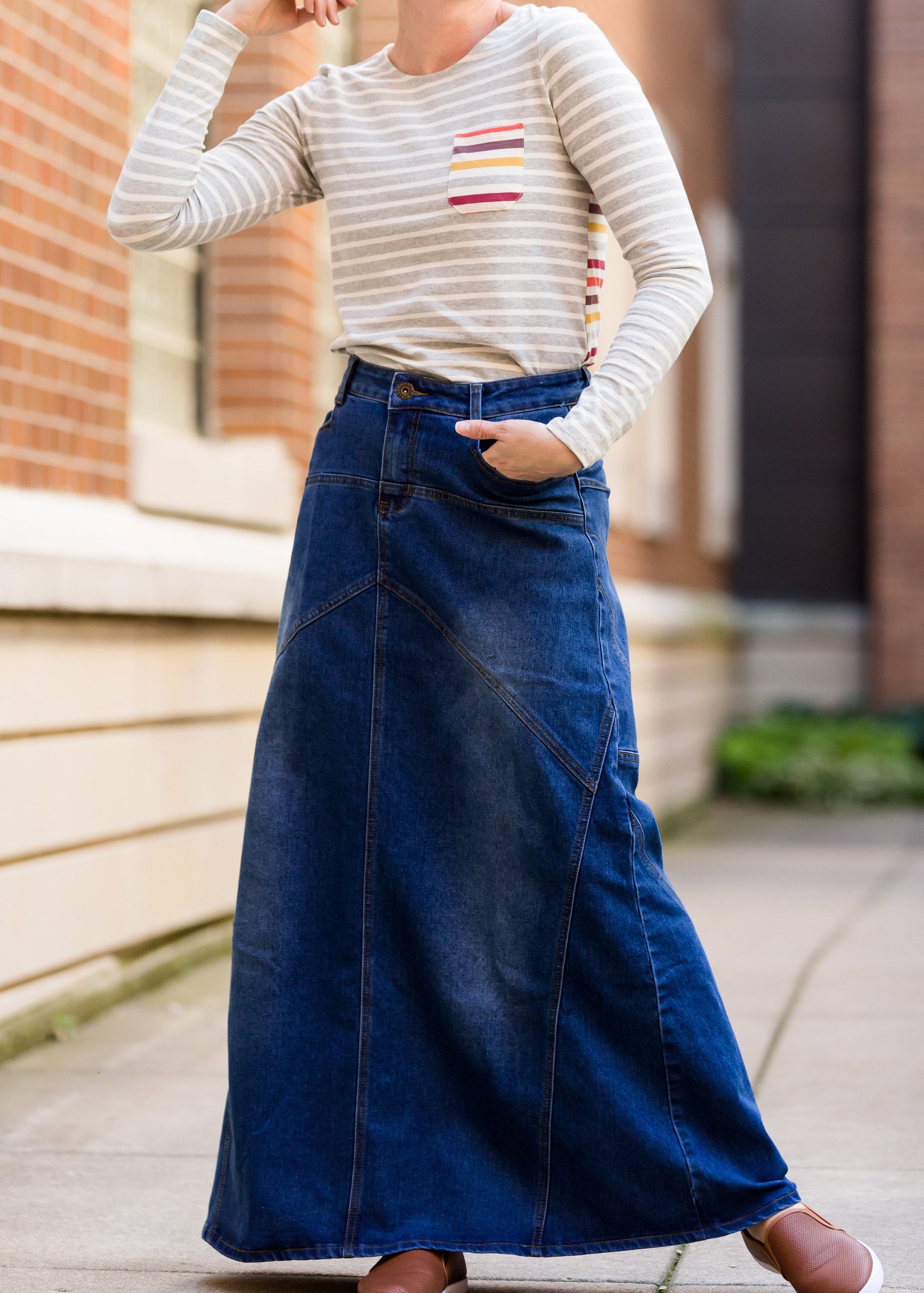 made in the usa long a-line denim skirt