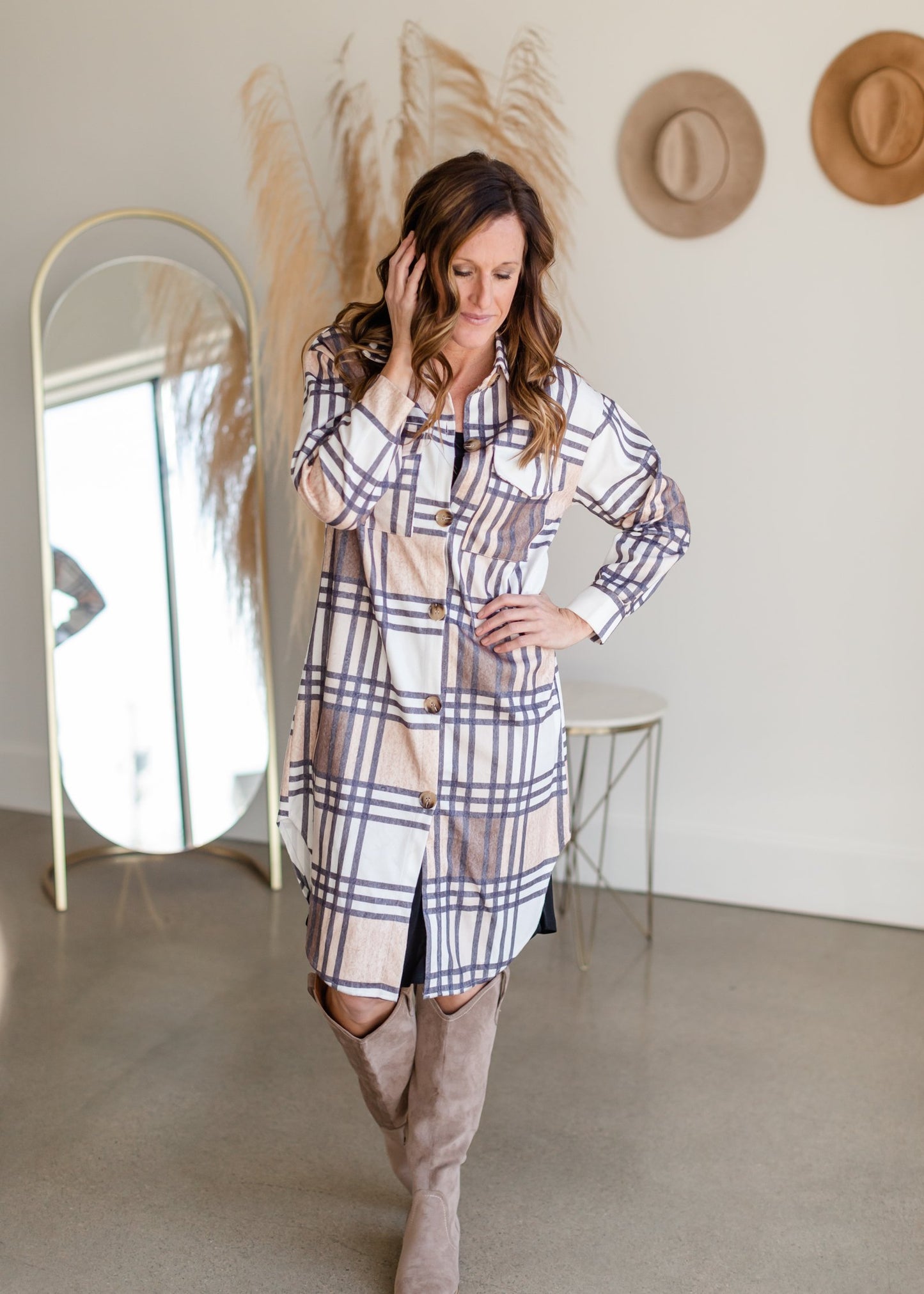 Long Plaid Button Up Shirt Tops May Blue