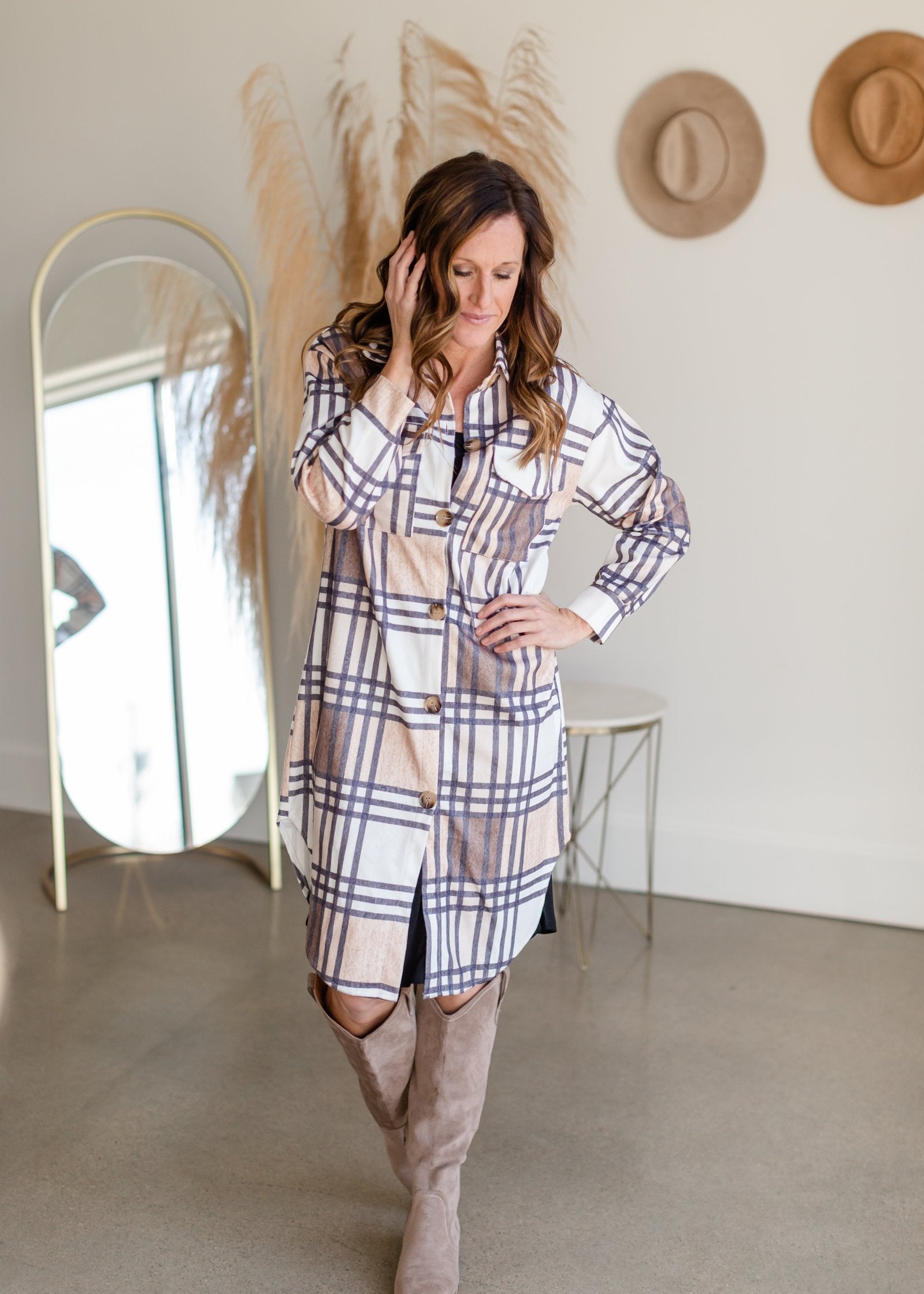 Long Plaid Button Up Shirt Tops May Blue