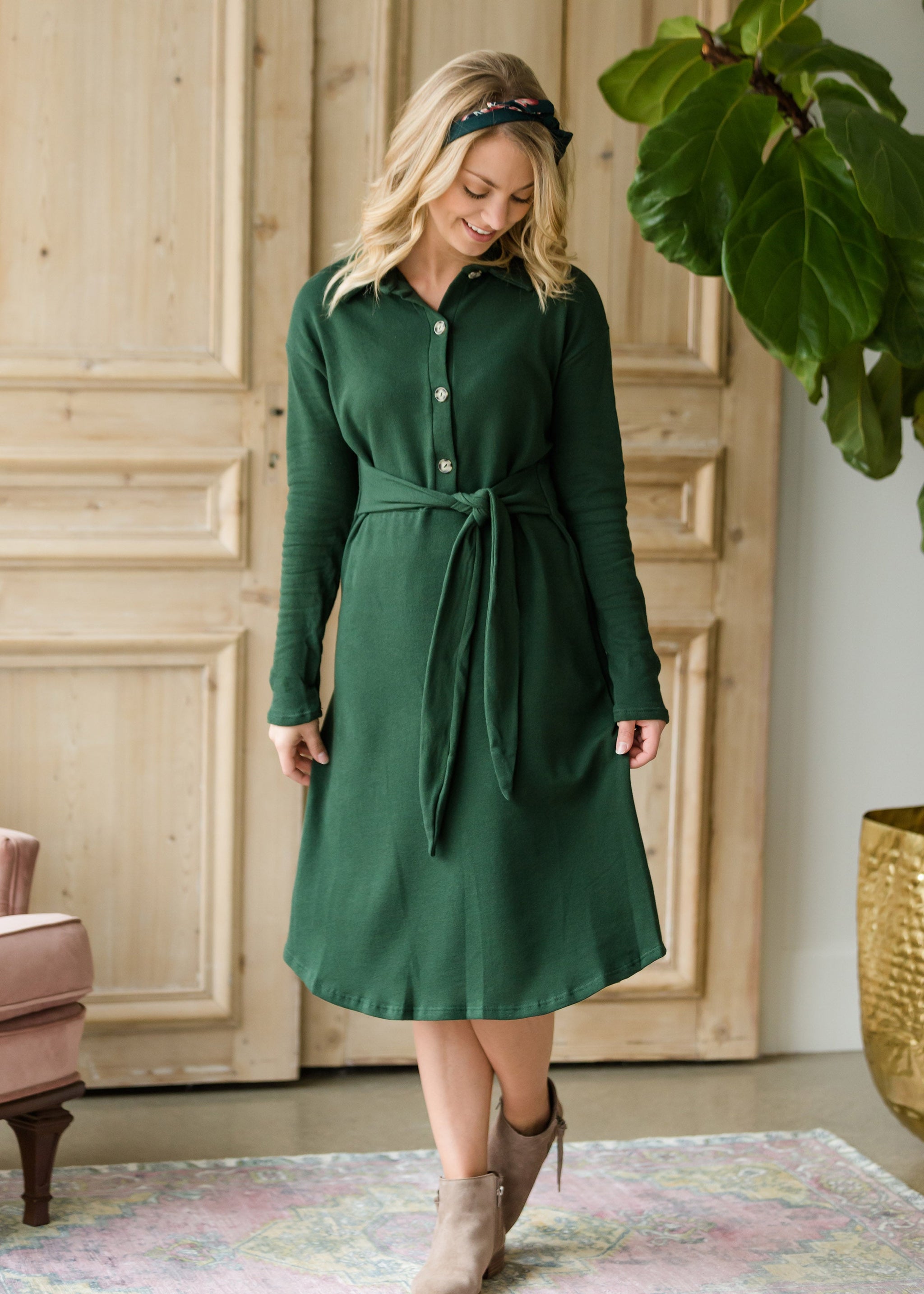 Long Sleeve Hunter Green Button Midi Dress Inherit Co.
