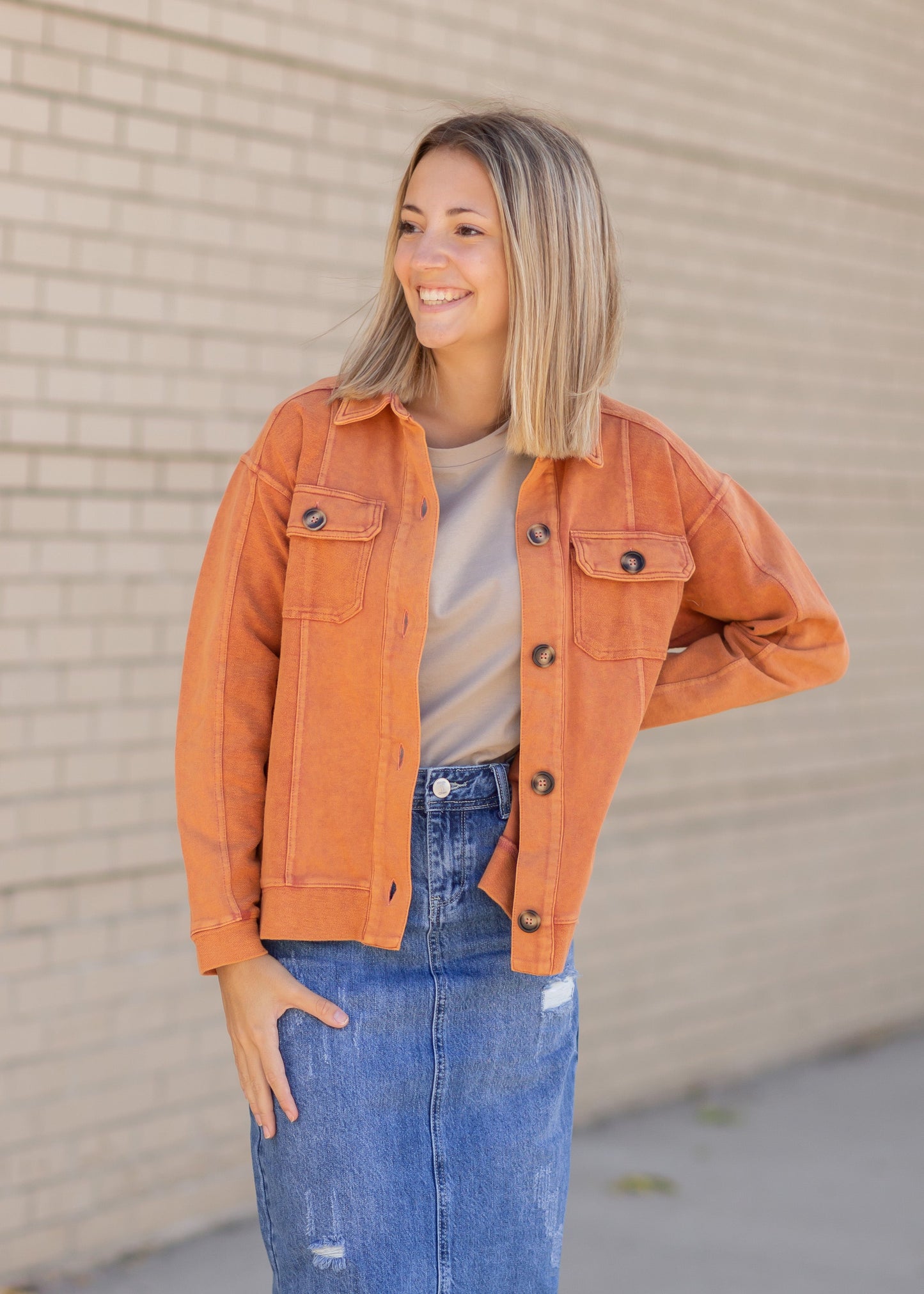 Long Sleeve Button Up Shacket Tops Orange / S