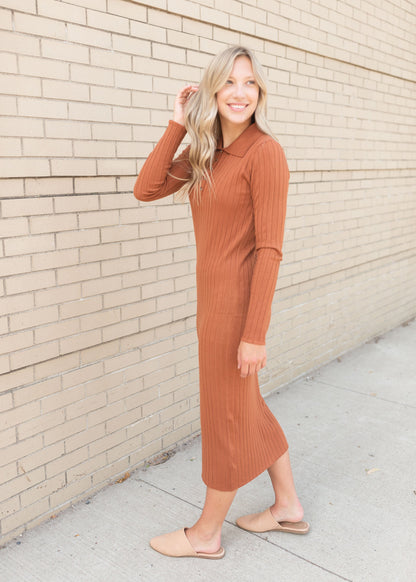 Long Sleeve Collared Rust Ribbed Sweater Dress Dresses