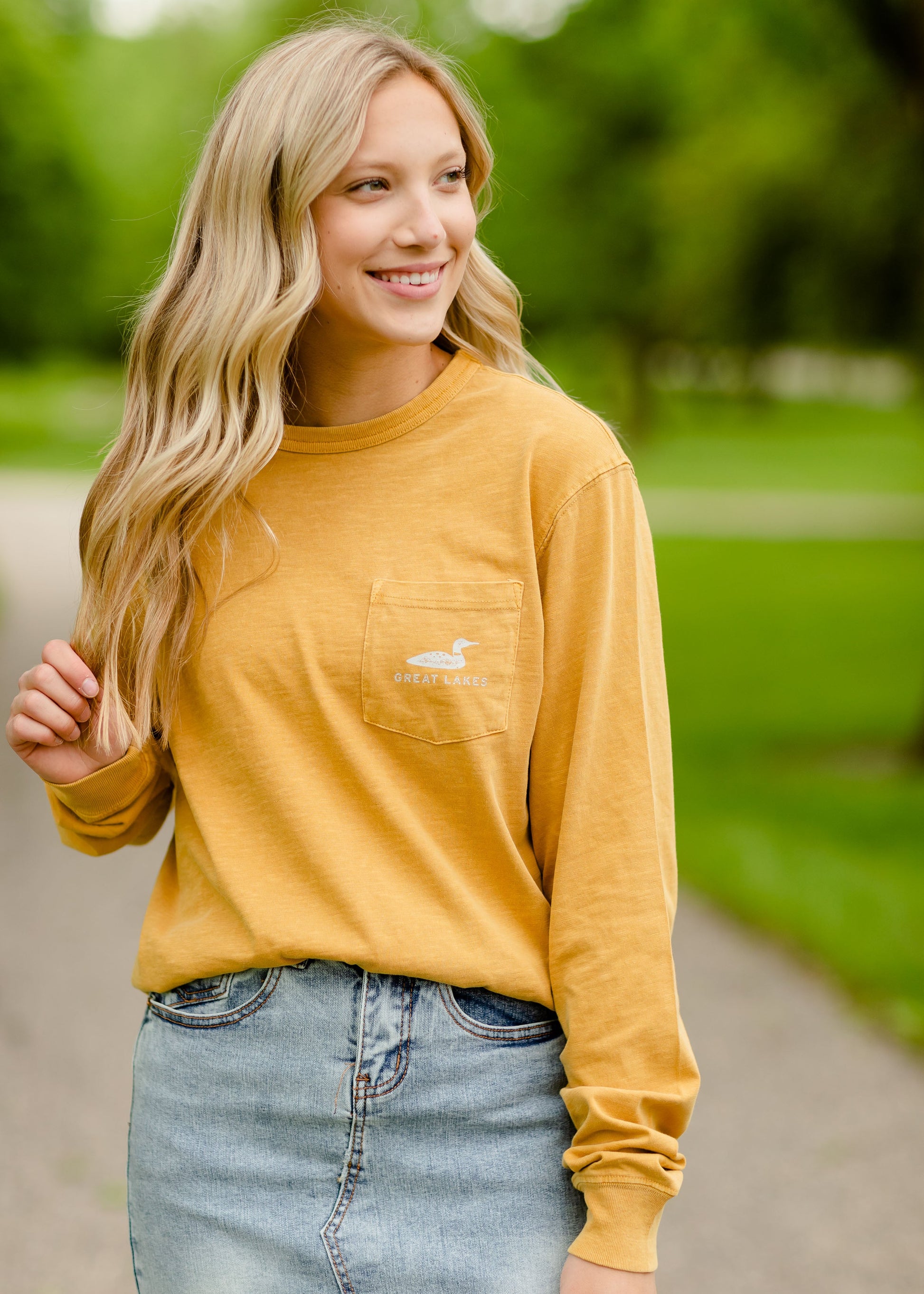 Long Sleeve Front Pocket Great Lake Shirt Tops Yellow / S