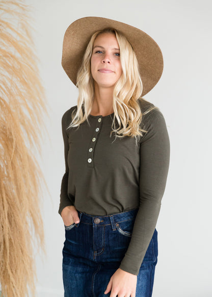 Long Sleeve Shell Button Top - FINAL SALE Tops Olive / S