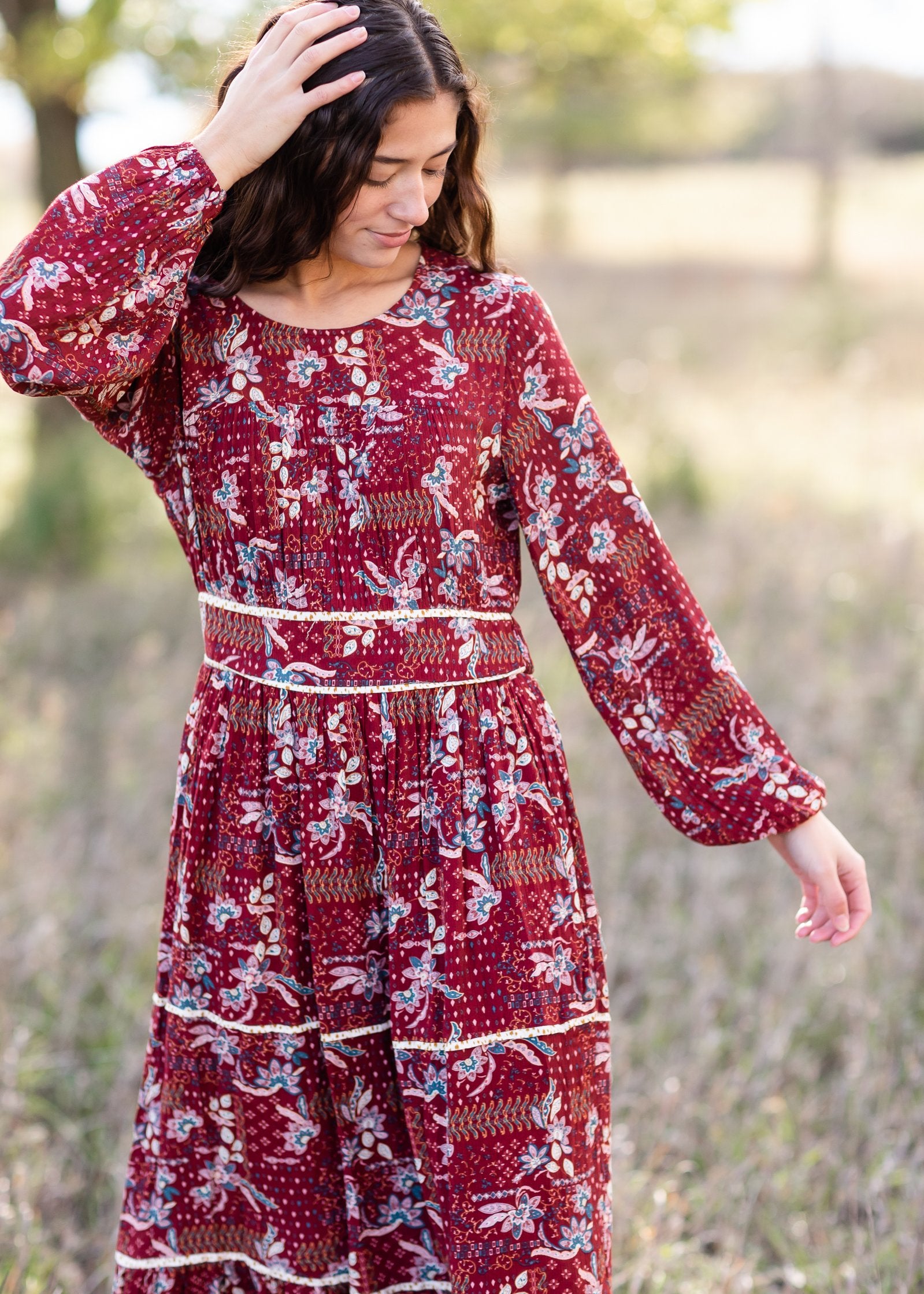 Long Sleeved Tiered Paisley Maxi Dress Dresses Polagram