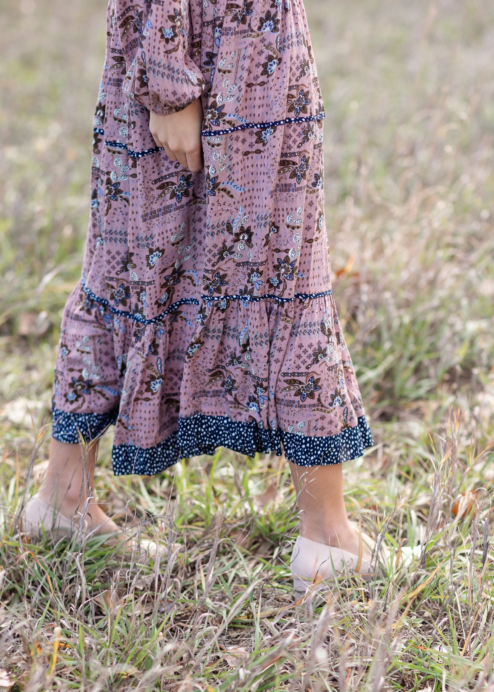 Long Sleeved Tiered Paisley Maxi Dress Dresses Polagram