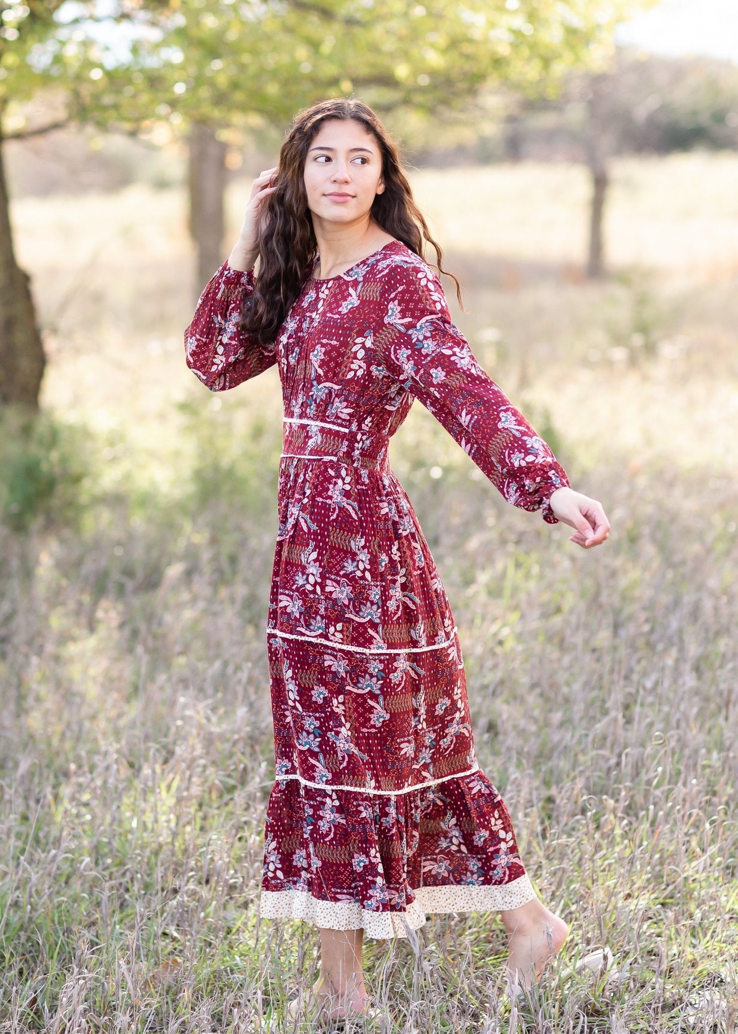 Long Sleeved Tiered Paisley Maxi Dress - FINAL SALE Dresses Polagram Maroon / S
