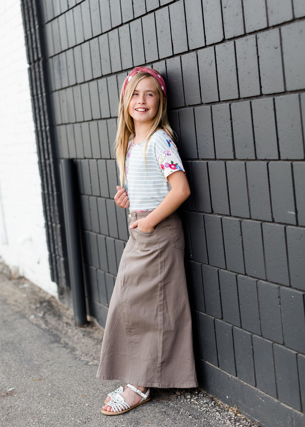 girls modest khaki twill skirt with no slit