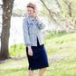 women's modest light denim distressed jean jacket