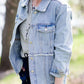 women's modest light denim distressed jean jacket