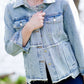 women's modest light denim distressed jean jacket