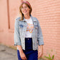 women's modest light denim distressed jean jacket