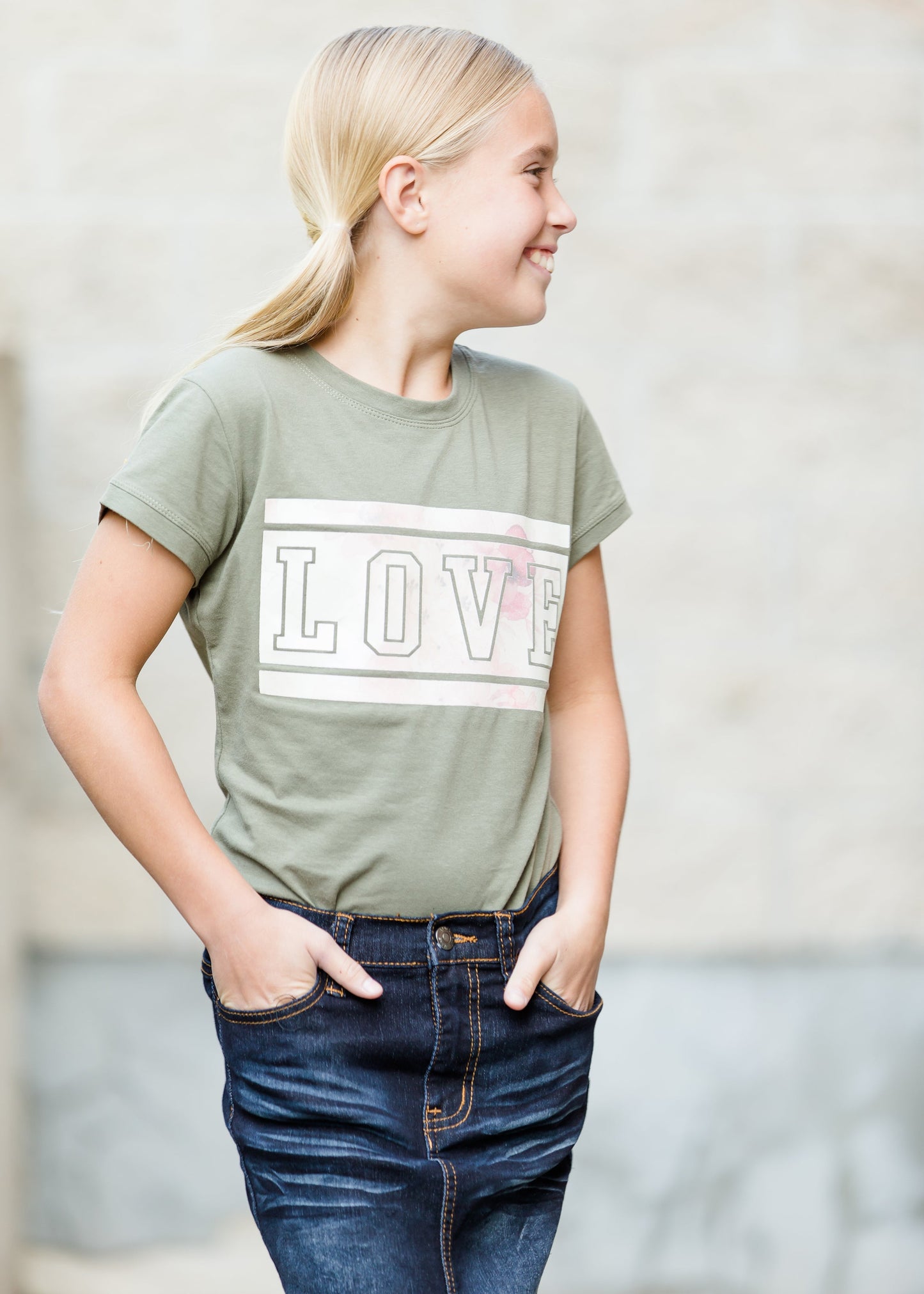 girls olive LOVE gold foil graphic tee