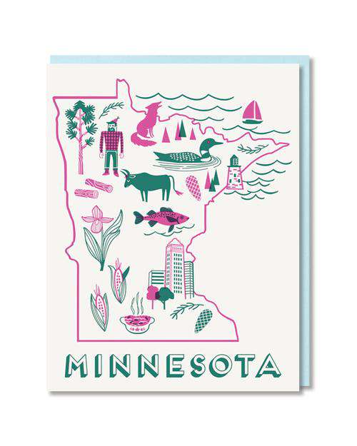 Minnesota state outlined 5x4, pink and green greeting card with baby blue envelope.