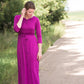 Women's long pink maxi dress that is fully lined, nursing friendly and comes with a belt