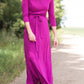 Women's long pink maxi dress that is fully lined, nursing friendly and comes with a belt