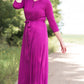 Women's long pink maxi dress that is fully lined, nursing friendly and comes with a belt