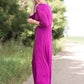 Women's long pink maxi dress that is fully lined, nursing friendly and comes with a belt