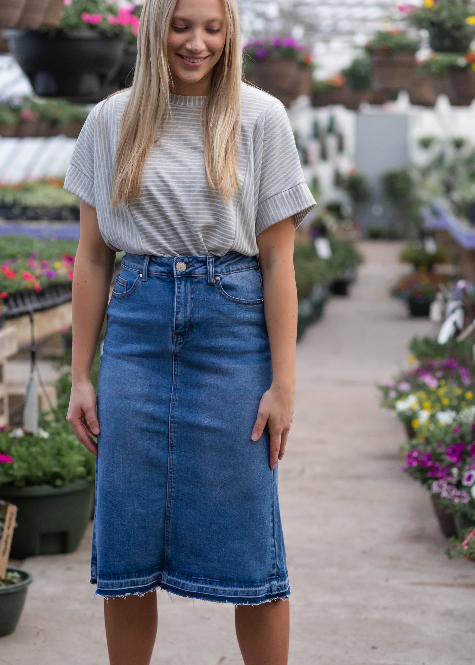 Jayde High Rise Denim Midi Skirt Sustainable Denim, 57% OFF