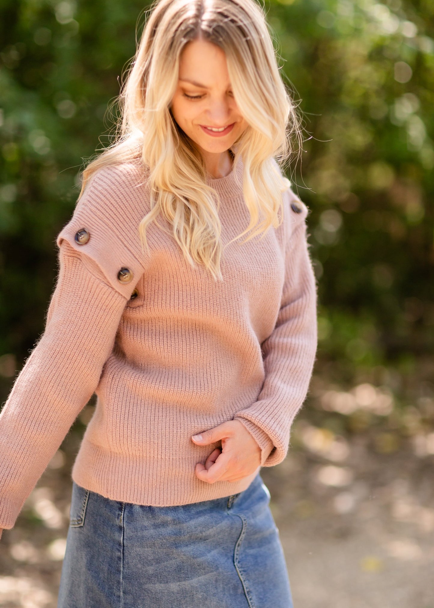 Mauve Button Shoulder Cozy Sweater Tops Hem & Thread