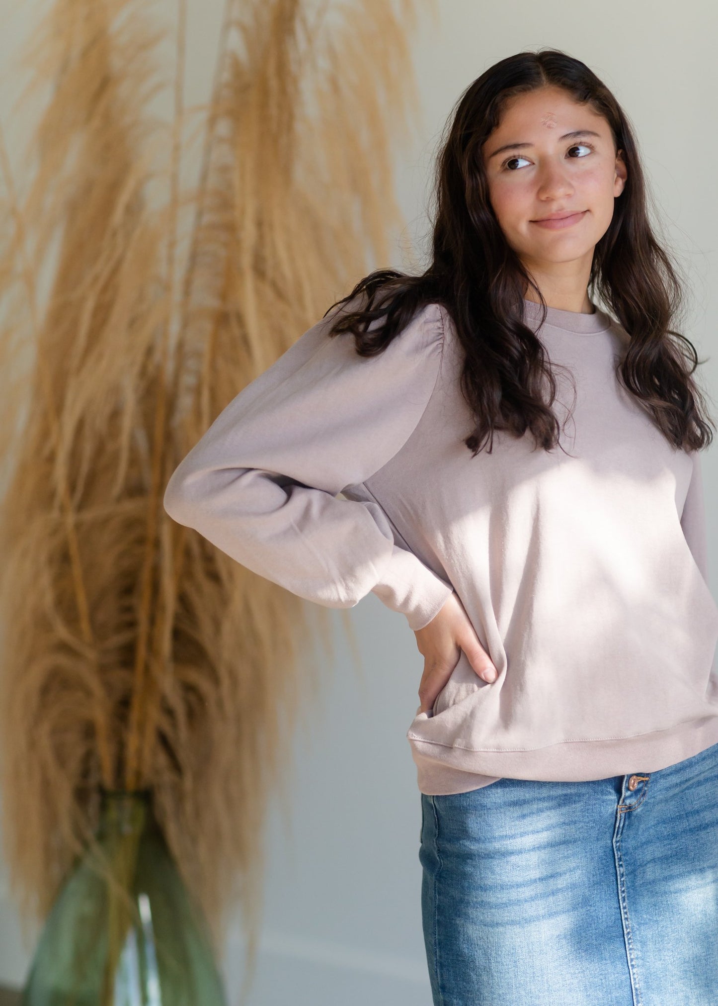 Mauve Crew Neck Puff Sleeve Sweatshirt Tops Mod Ref