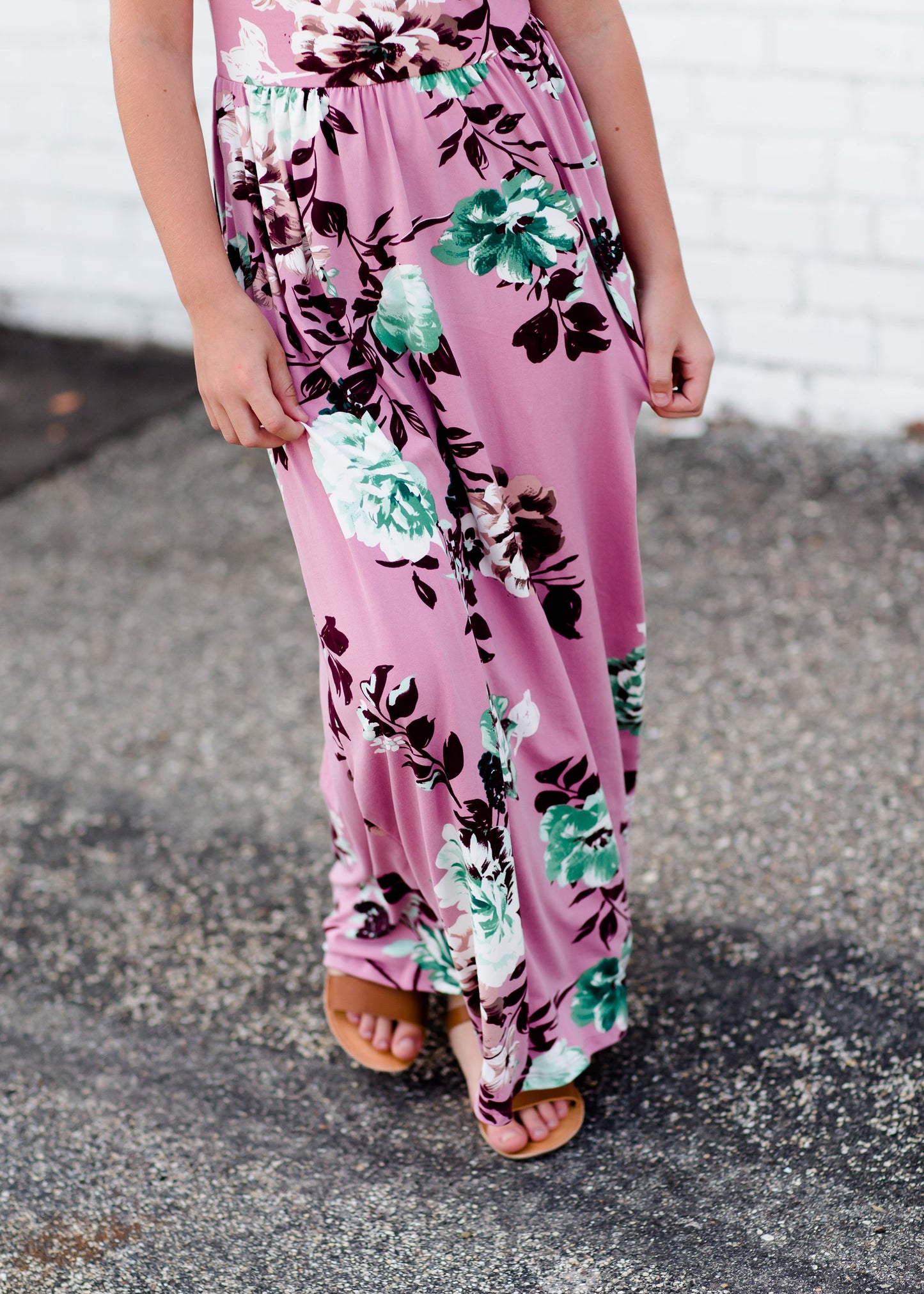 Girls mauve maxi dress with teal floral accents 