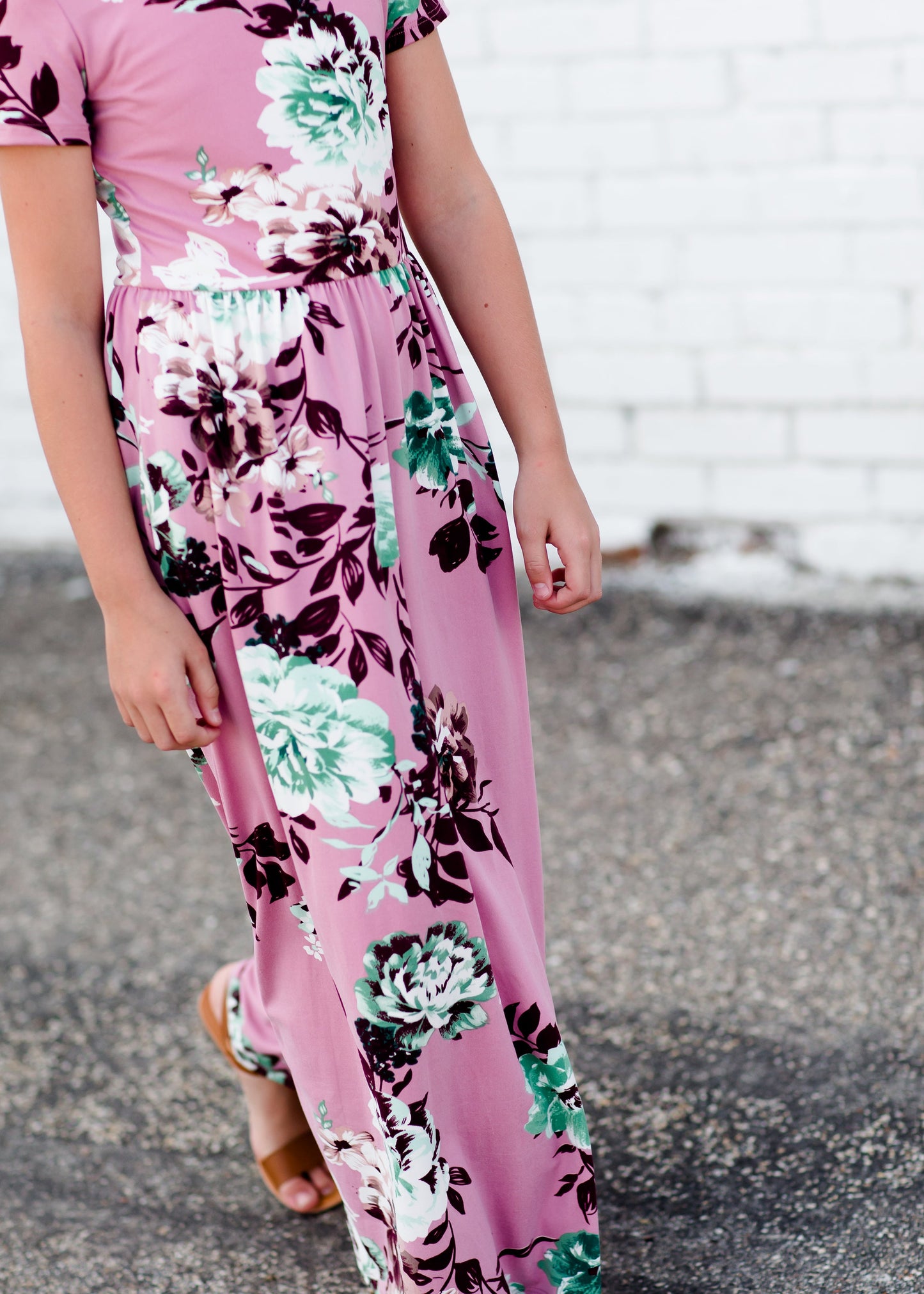 Girls mauve maxi dress with teal floral accents 