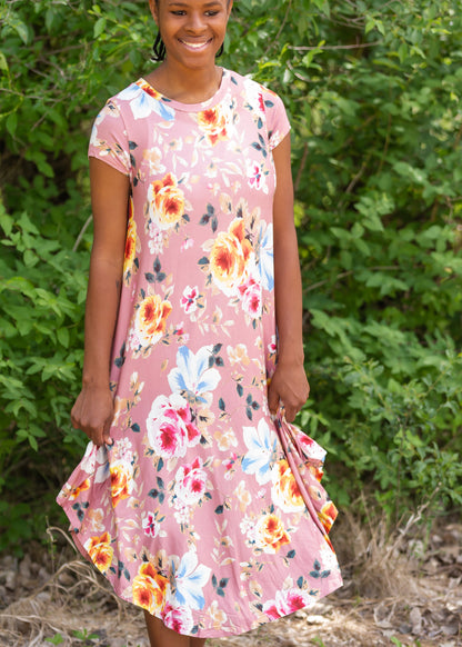 Mauve Floral Short Sleeve Swing Dress - FINAL SALE Dresses